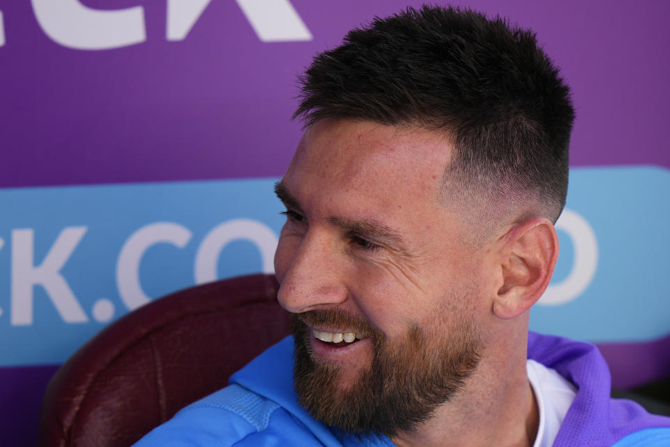 Argentina's Lionel Messi sits on the bench during a qualifying soccer match for the FIFA World Cup 2026 against Bolivia at the Hernando Siles stadium in La Paz, Bolivia, Tuesday, Sept. 12, 2023. (AP Photo/Juan Karita)