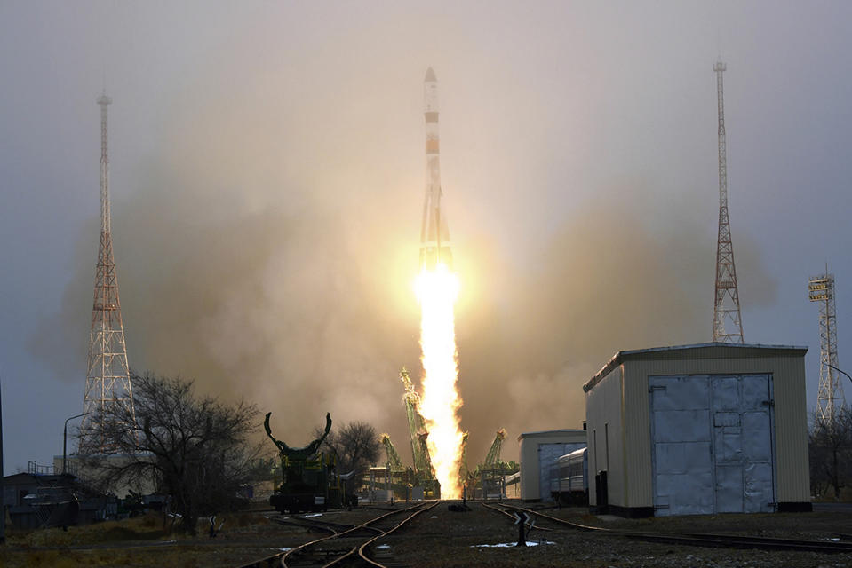 In this photo provided by Roscosmos Space Agency Press Service, the Progress MS-16 cargo blasts off from the launch pad at Russia's space facility in Baikonur, Kazakhstan, Monday, Feb. 15, 2021. The Russian Progress MS-16 cargo ship blasted off from the Russia-leased Baikonur launch facility in Kazakhstan and reached a designated orbit en route to the International Space Station. (Roscosmos Space Agency Press Service photo via AP)