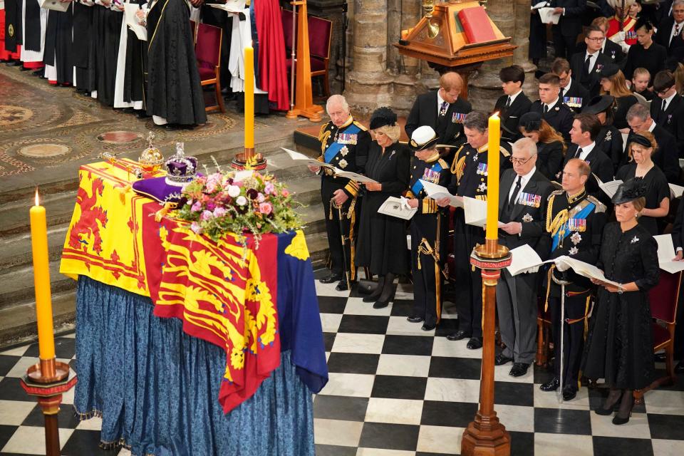 King Charles III (front row from left), Queen Consort Camilla, Princess Anne, Vice Admiral Sir Tim Laurence, Prince Andrew, Prince Edward and Countess Sophie; and Prince Harry (second row from left), Duchess Meghan, Princess Beatrice, Edoardo Mapelli Mozzi and Lady Louise Windsor attend the funeral of Queen Elizabeth II at Westminster Abbey on Sept. 19, 2022.