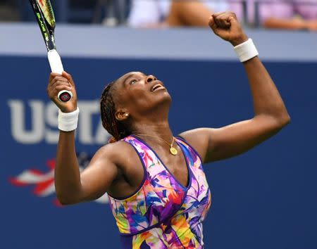 Aug 30, 2016; New York, NY, USA; Venus Williams of the USA reacts after defeating Kateryna Kozlova of Ukraine (not pictured) on day two of the 2016 U.S. Open tennis tournament at USTA Billie Jean King National Tennis Center. Mandatory Credit: Robert Deutsch-USA TODAY Sports