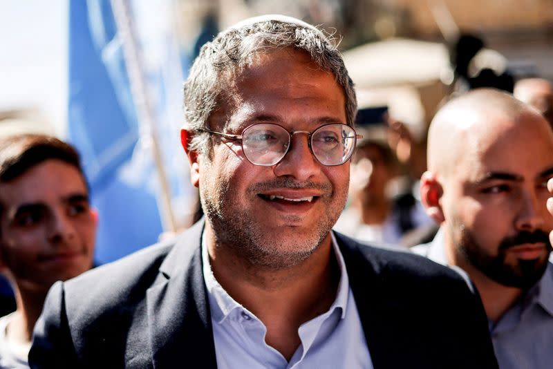 FILE PHOTO: Israeli far-right lawmaker Itamar Ben-Gvir tours Mahane Yehuda market in the run up to Israel's elections