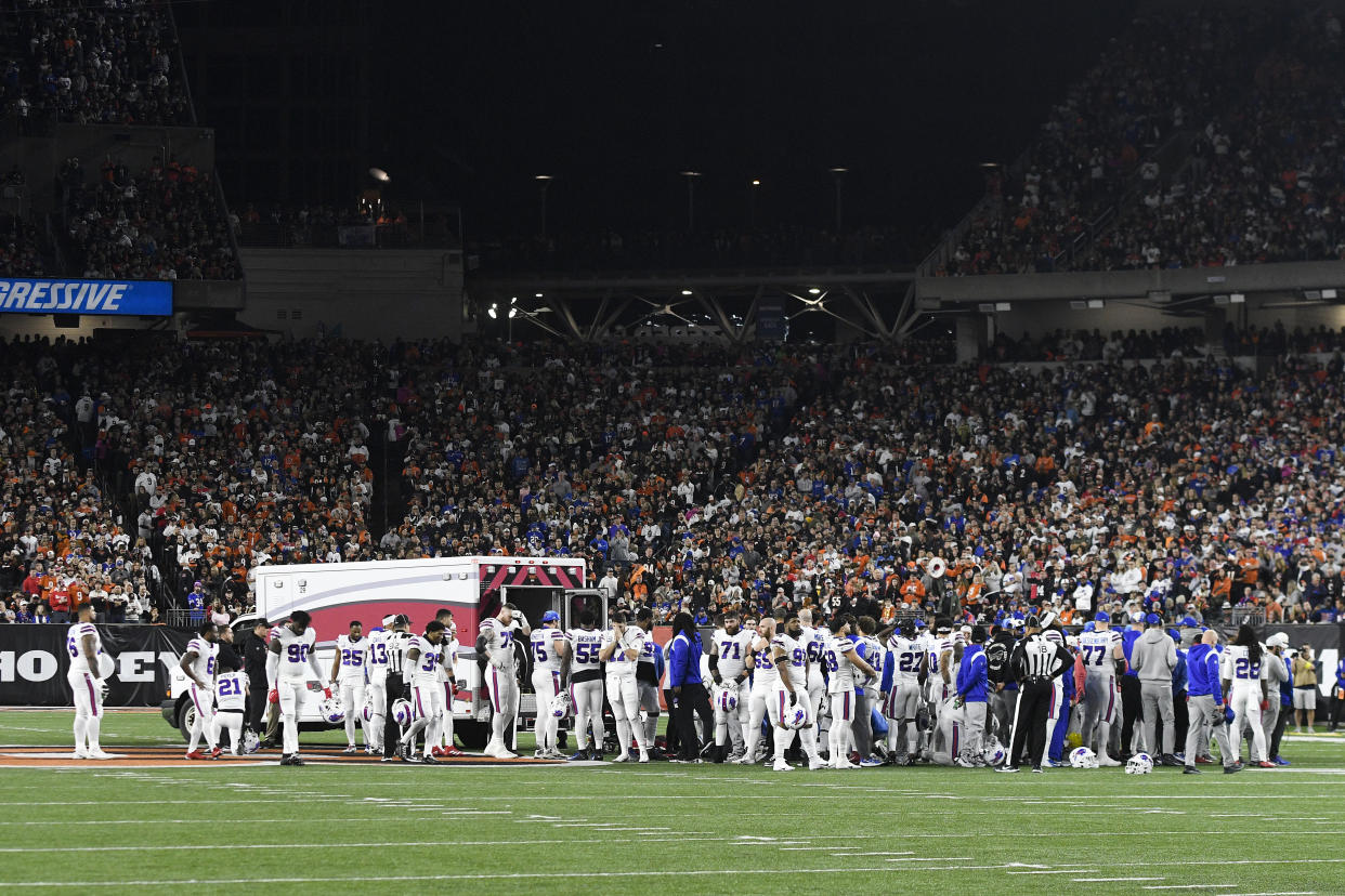 Damar Hamlin's cardiac arrest occurred 10 months ago on the same field where the Bills will play Sunday night. (Photo by Michael Allio/Icon Sportswire via Getty Images)