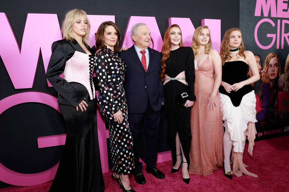 Reneé Rapp, Tina Fey, Lorne Michaels, Lindsay Lohan, Angourie Rice, and Bebe Wood at the global premiere of Mean Girls on January 8.