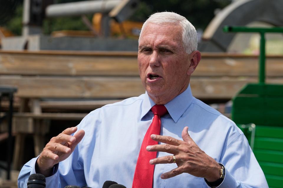 Republican presidential candidate and former Vice President Mike Pence speaks with the media during a stop at the Indiana State Fair, Wednesday, Aug. 2, 2023, in Indianapolis.