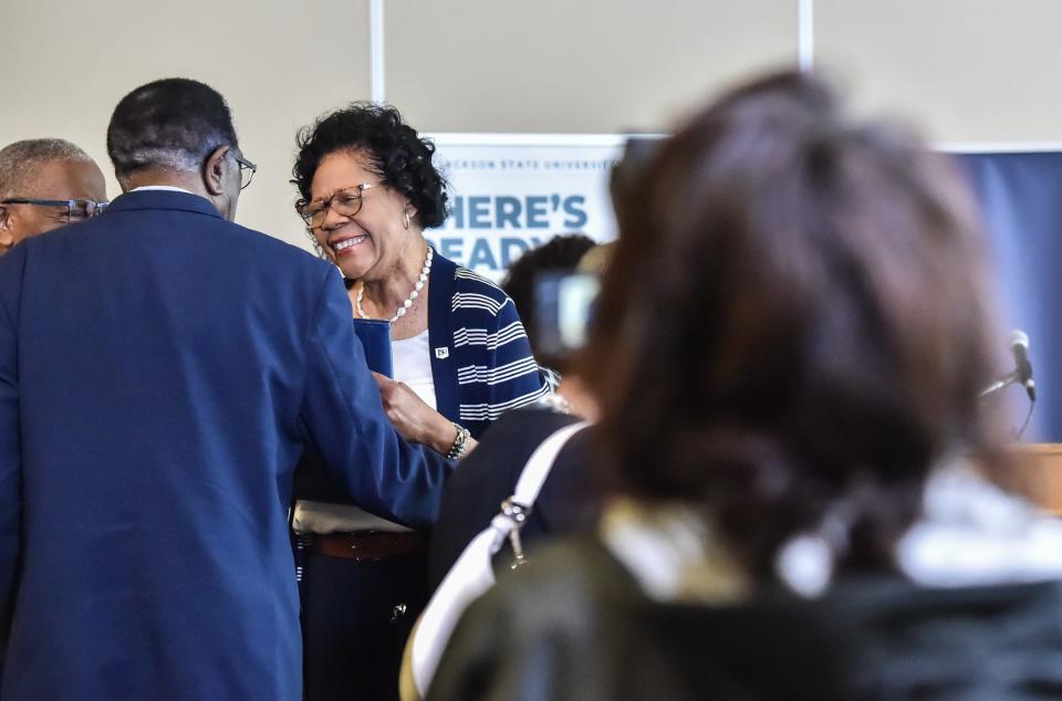 Jackson State acting president Dr. Elayne Hayes-Anthony is greeted at her introductory press conference on Monday.