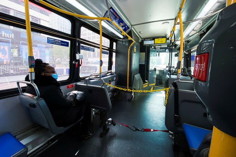 Chains to protect the bus driver are seen inside the New York City The Metropolitan Transportation Authority (MTA) bus system during the outbreak of the coronavirus disease (COVID-19) in New York City, New York