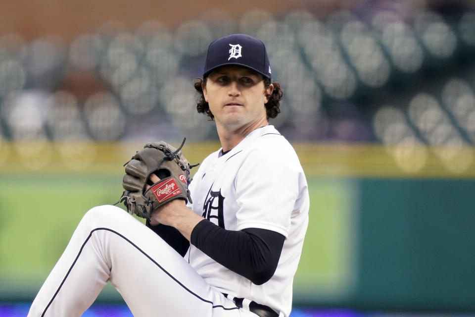 Detroit Tigers starting pitcher Casey Mize throws during the first inning of a baseball game against the New York Yankees, Friday, May 28, 2021, in Detroit. (AP Photo/Carlos Osorio)