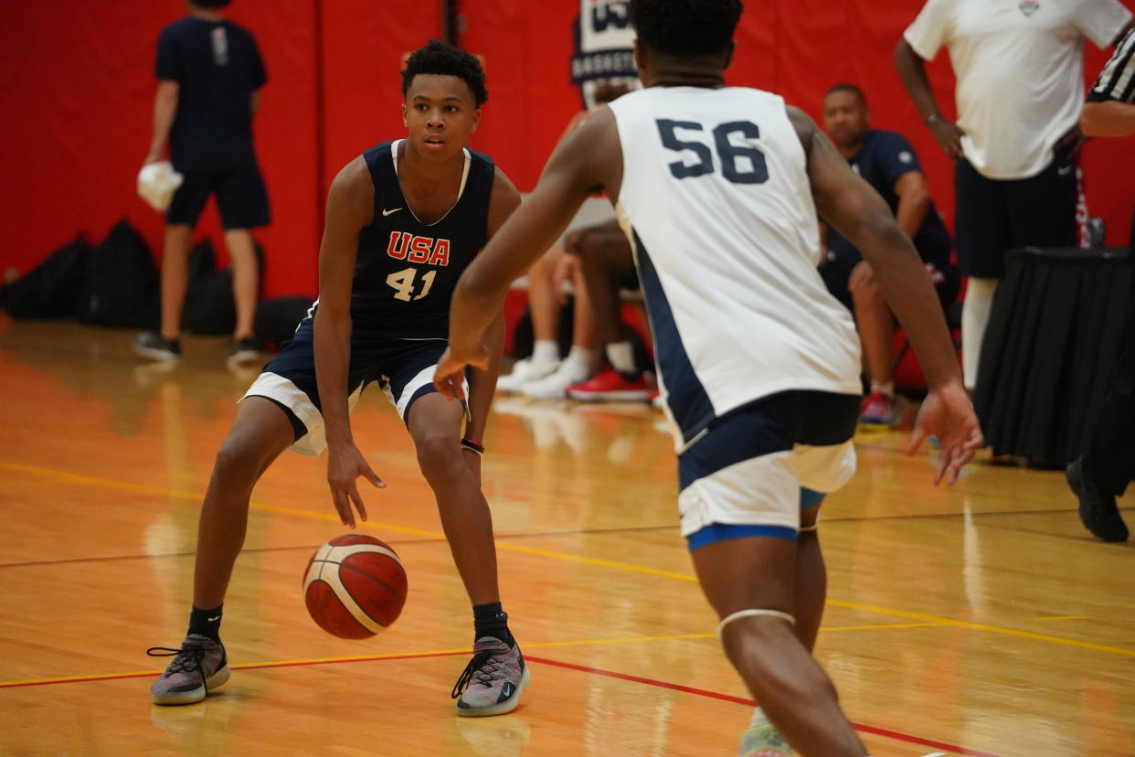 D.J. Wagner dribbles the ball during USA Basketball's training camp. (Photo credit: USA Basketball)