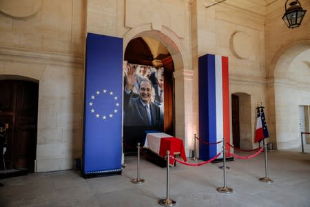 The coffin of late French President Jacques Chirac is seen at the Invalides monument in Paris
