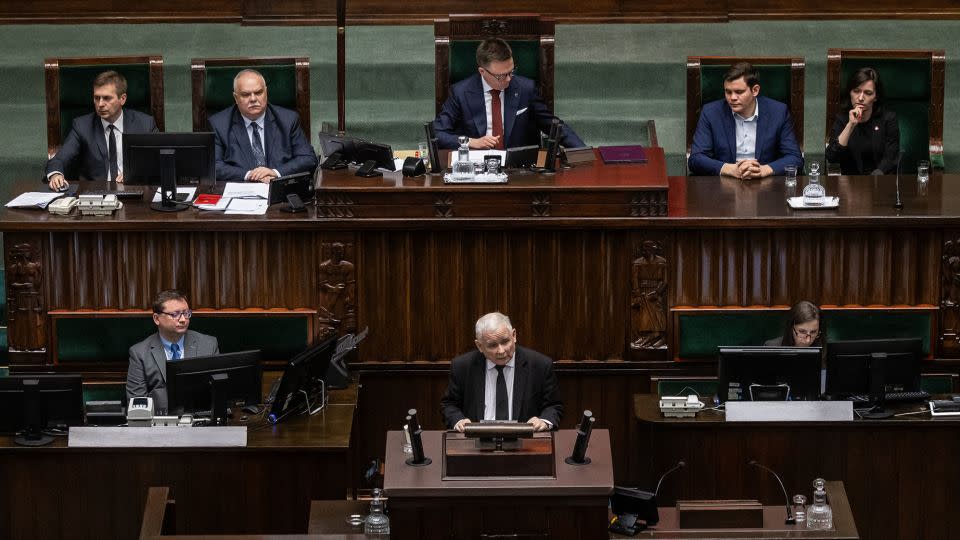 Jaroslaw Kaczynski (bottom center), the PiS leader, has been Tusk's political archnemesis for two decades. His party will be expected to provide angry opposition to Tusk as the new prime minister seeks to fulfil his agenda. - Wojtek Radwanski/AFP/Getty Images