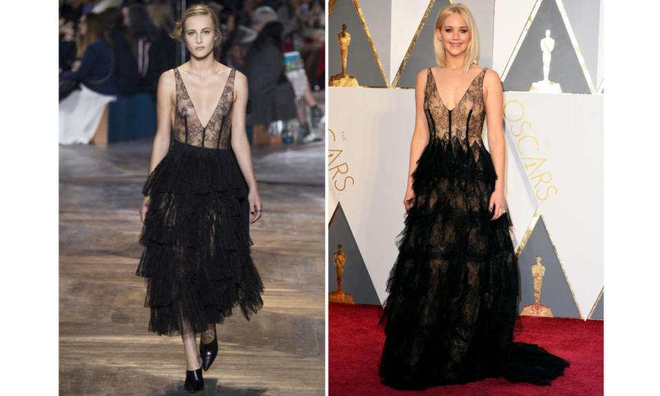 <p>Lawrence wore a modified version of this Dior Couture dress, with a lengthened hem, lined bodice, and jagged waist line. It may have worked better as a midi. <i>(Photos: Getty Images)</i></p>