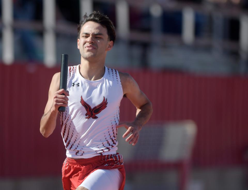Seagraves' Julian Munoz competes in the 800-meter relay at the Districts 5/6-2A area track and field meet, Wednesday, April 10, 2024, at Slaughter Field in Sundown.
