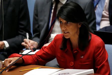 U.S. Ambassador to the United Nations Nikki Haley directs comments to the Russian delegation at the conclusion of a U.N. Security Council meeting to discuss the recent ballistic missile launch by North Korea at U.N. headquarters in New York, U.S., July 5, 2017. REUTERS/Mike Segar