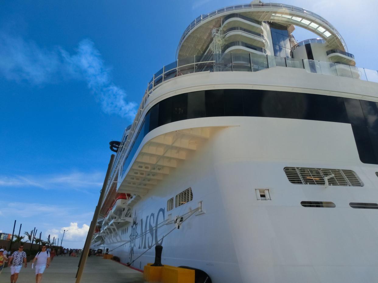 Puerto Plata, DR - May 10, 2022: MSC Seashore cruise ship docked at tropical island port Taino Bay in Puerto Plata, Dominican Republic