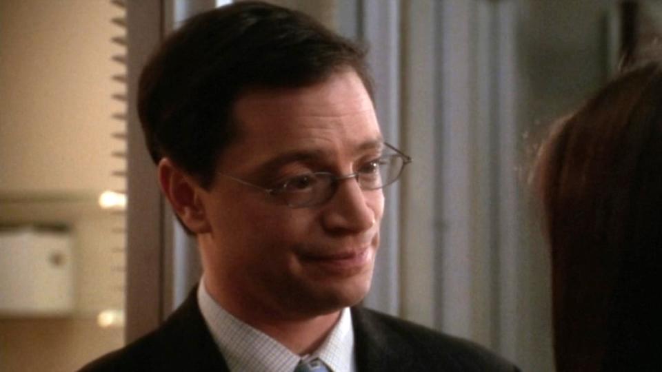 A close-up of Joshua Malina's face playing Will Bailey on The West Wing.
