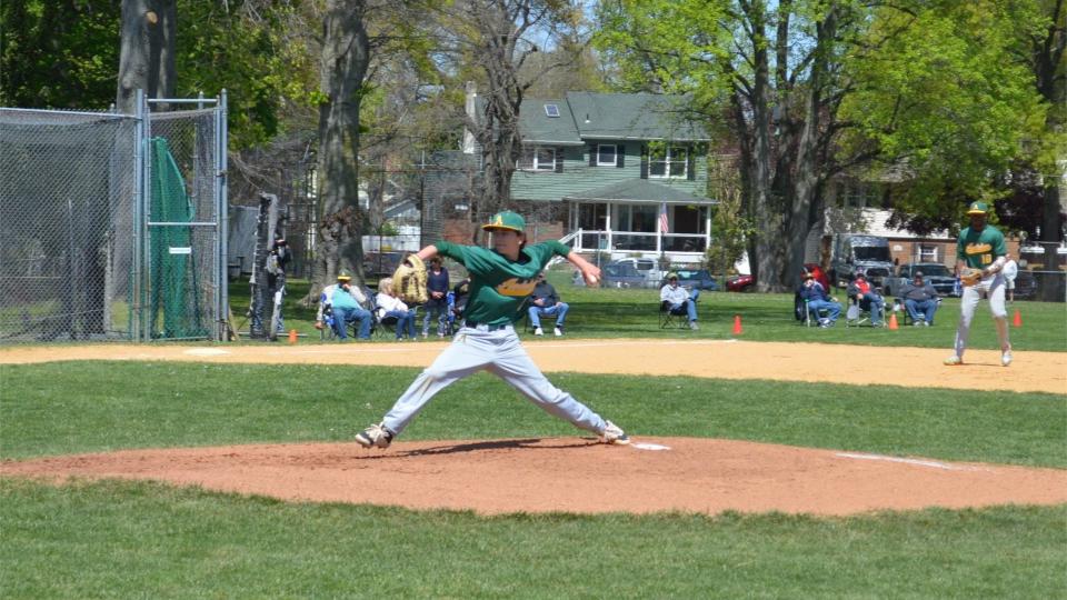 Audubon pitcher Jason Stocklin winds up to deliver a first-inning pitch in Saturday's Thank You Classic meeting with Washington Township. Stocklin fired a five-inning no-hitter in the Green Wave's 10-0 win at Audubon on Saturday, April 30, 2022.