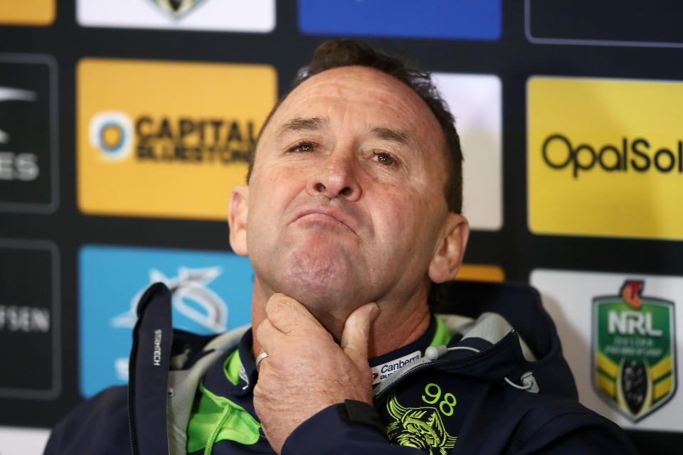 Ricky Stuart struggled to contain his emotion in the post-match presser. Pic: Getty