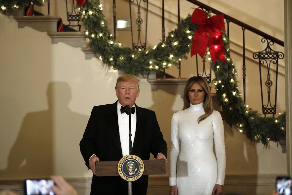 Melania Trump appeared at the annual Congressional Ball wearing a white sequined gown by Céline. The gown had first appeared on the brand's spring 2018 runway.