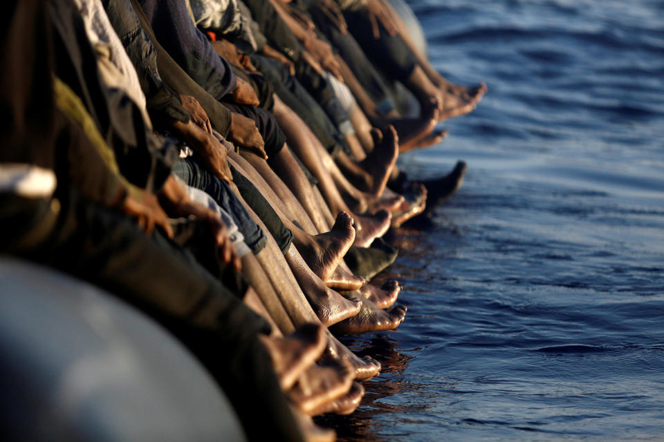 African migrants seen on a dinghy in Mediterranean Sea