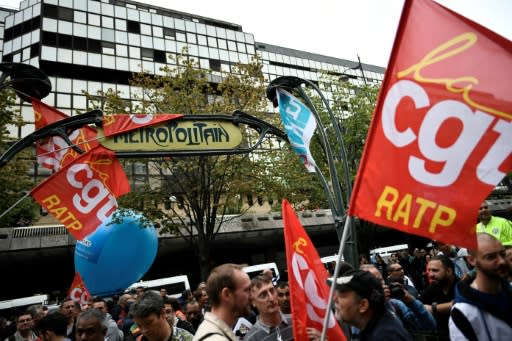 CGT union members protesting at the headquarters of Paris transit operator RATP on Friday
