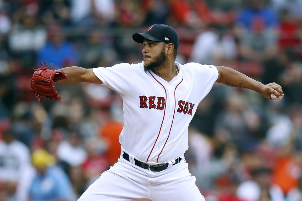 Boston Red Sox's Eduardo Rodriguez pitches during the first inning of a baseball game against the Houston Astros in Boston, Saturday, Sept. 8, 2018. (AP Photo/Michael Dwyer)