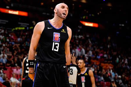 FILE PHOTO: Jan 23, 2019; Miami, FL, USA; LA Clippers center Marcin Gortat (13) reacts after being called for a foul against the Miami Heat during the second half at American Airlines Arena. Mandatory Credit: Jasen Vinlove-USA TODAY Sports