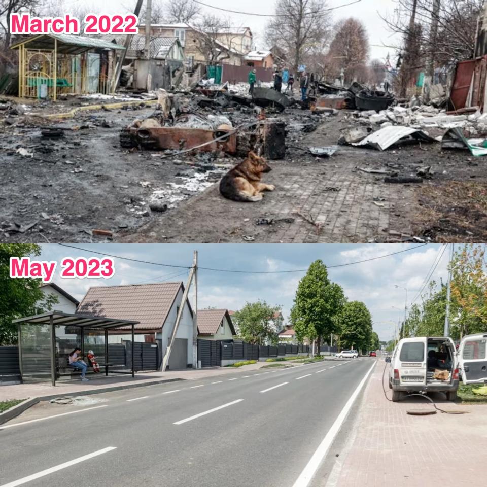 A bus stop is shown among devastation on Vokzalna Street on March 1, 2022 in the top image. The bottom image shows the Vokzalna Street bus stop in May 2023.