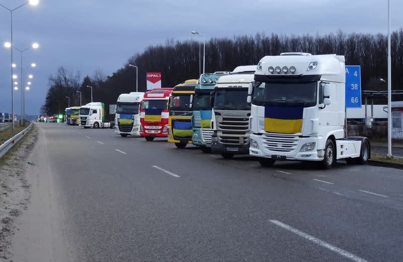 FILE PHOTO: Ukrainian trucks are seen during a counter-demonstration against the blockade of the border by the Polish protesters at the checkpoint Rava-Ruska on Ukraine-Poland border