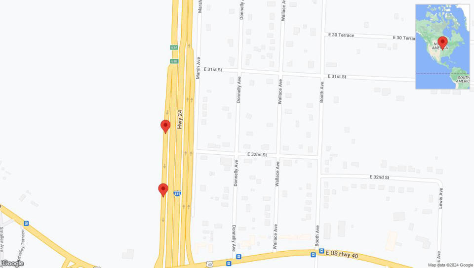 A detailed map that shows the affected road due to 'Broken down vehicle on Marsh Avenue in Kansas City' on July 18th at 4:13 p.m.