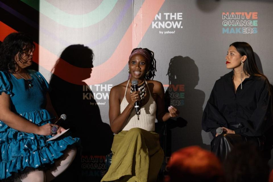 <em>Left to right: Indigenous creators Charlie Amáyá Scott, Kara Roselle Smith and Lily Painter. (Via Gino DePinto/In The Know by Yahoo</em>)