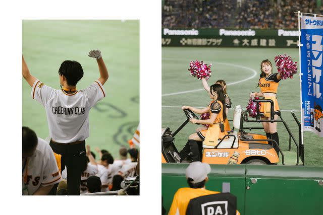 <p>Irwin Wong</p> From left: A Yomiuri Giants fan leads cheers in the stands; cheerleaders for the Giants.