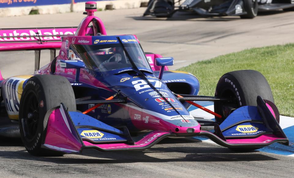 Alexander Rossi driving the NAPPA Auto Parts/AutoNation Honda heads into turn eight during the Detroit Grand Prix on Sunday, June 5, 2022, on Belle Isle.