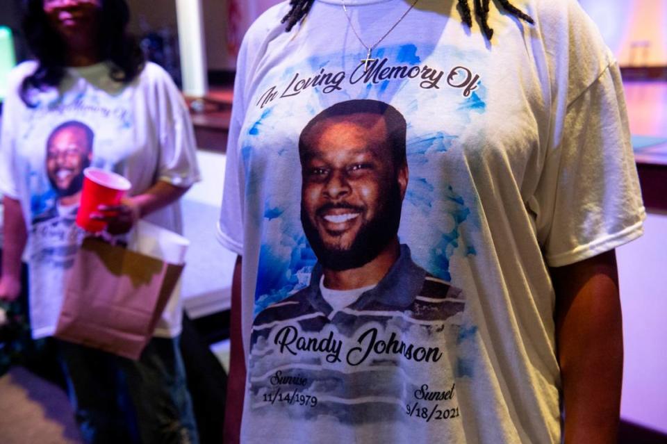 Family members of Randy Johnson wear shirts with his name on it following a candlelight ceremony as a part of National Crime Victims’ Rights Week at First Baptist Church of Gulfport on Tuesday, April 23, 2024. Randy Johnson, 41, was shot and killed on Sept. 18, 2021 at the Golden Nugget Casino in Biloxi.