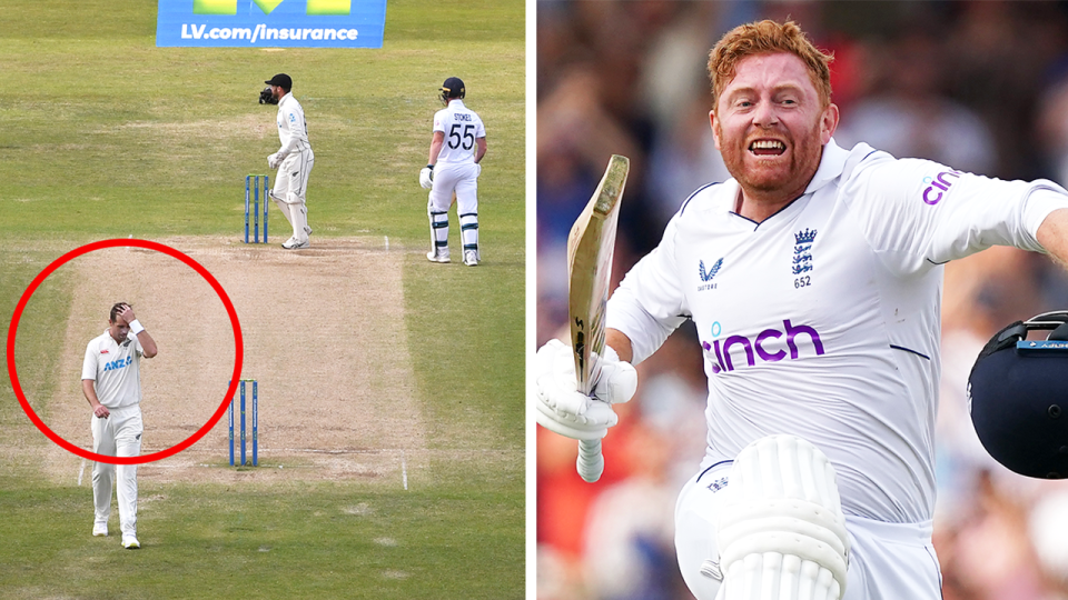 Cricket star Johnny Baistrow (pictured right) celebrates hitting a century and (pictured left) the New Zealand team looking frustrated.