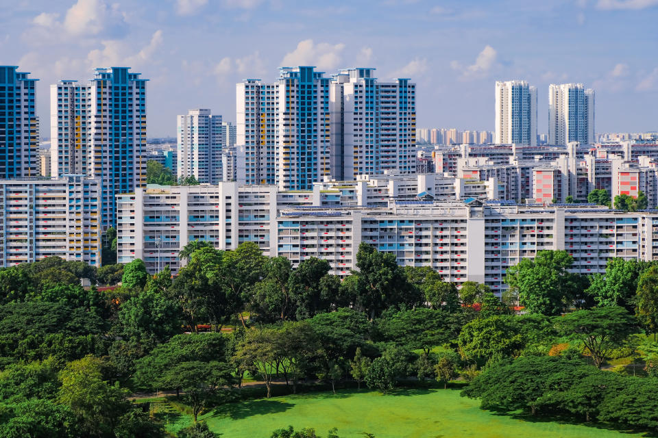 Architectural shot of (HDB flats) painted set against lush greenery in the foreground, illustrating flats for sale during the May 2023 BTO sales exercise.