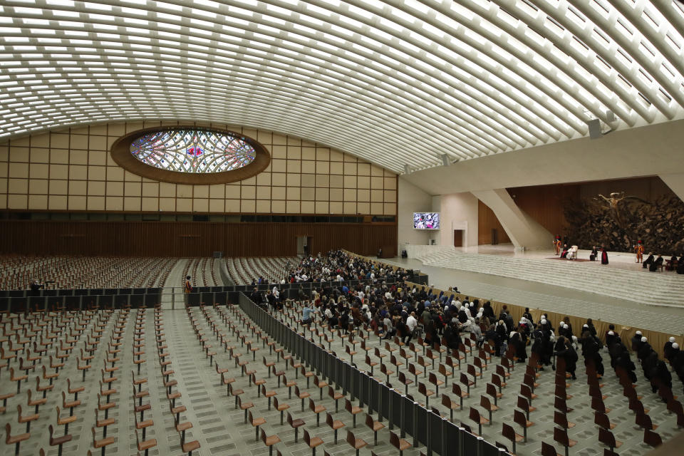 Pope Francis delivers his speech in the Paul VI Hall at the Vatican for his weekly general audience, Wednesday, Oct. 28, 2020. (AP Photo/Alessandra Tarantino)