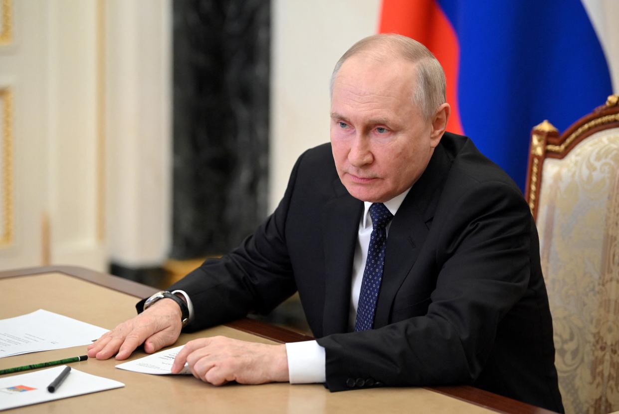 Russian President Vladimir Putin attends a meeting on Crimean Bridge attack via a video link at the Kremlin in Moscow on July 17, 2023. The Kremlin on July 17, 2023 said it was exiting a major agreement to facilitate Ukraine grain exports hours after drones struck the only bridge connecting Russia's mainland to the annexed Crimea peninsula. (SPUTNIK/AFP via Getty Images)