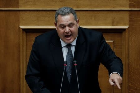 FILE PHOTO: Greek Defense Minister and leader of minor coalition party Independent Greeks Panos Kammenos addresses lawmakers during a parliamentary session in Athens, Greece, November 27, 2017. REUTERS/Alkis Konstantinidis/File Photo