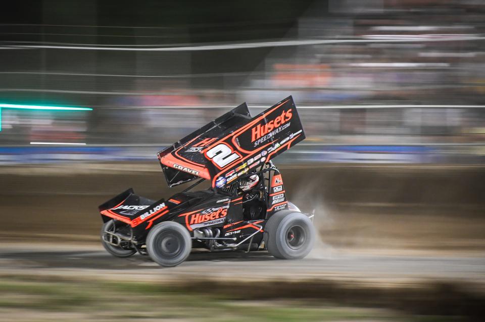 David Gravel powers down the front straight on his way to a sixth-place finish in the World of Outlaws Larry Hillerud Memorial Badger 40 on Saturday night at Wilmot Raceway on the Kenosha County Fairgrounds.