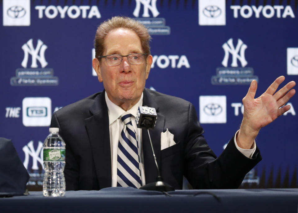 New York Yankees broadcaster John Sterling answers questions from reporters during a baseball press conference before a retirement ceremony at Yankee Stadium in New York, Saturday, April 20, 2024. (AP Photo/Noah K. Murray)