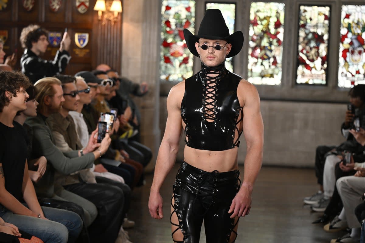 Edward Crutchley’s show during London Fashion Week February 2024: ‘London’s designers have doubled down on the kinky corp-core trend’  (Jeff Spicer/Getty)