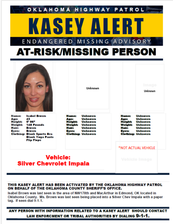 Kasey Alert issued for 43-year-old Isabel Brown. Image courtesy Oklahoma Highway Patrol.