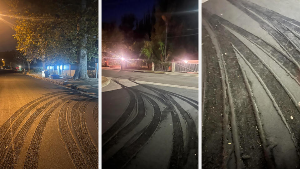 Three images showing tire marks on a street: the first on a road at night, the second at an intersection at night, and the third a close-up of tire marks