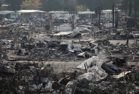 The remains of a mobile home park where fatalities took place when it was destroyed in wildfire are seen in Santa Rosa, California, U.S., October 15, 2017. REUTERS/Jim Urquhart