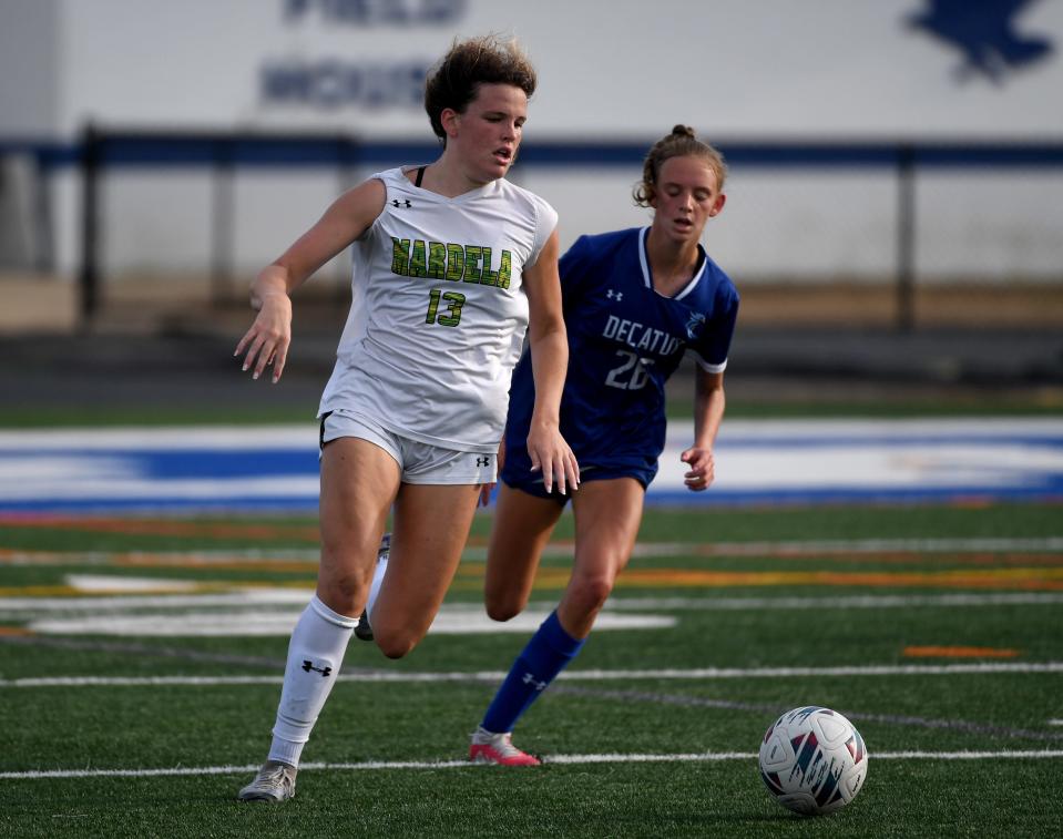 Mardela's Samantha Witte (13) dribbles against Decatur Tuesday, Sept. 5, 2023, in Berlin, Maryland. Mardela defeated Decatur 3-2 in overtime.