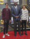 Shaquille O'Neal, center, and sons Shareef O'Neal, left, and Shaqir O'Neal arrive at the NBA Awards on Monday, June 24, 2019, at the Barker Hangar in Santa Monica, Calif. (Photo by Richard Shotwell/Invision/AP)