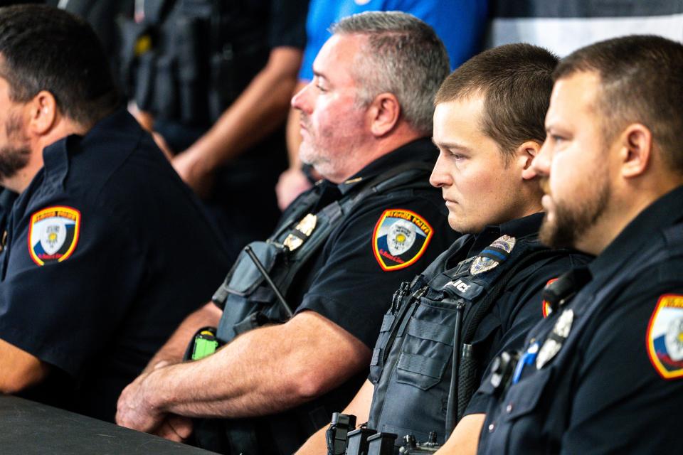 Algona Police Department officers sit during a press conference at the Kossuth County Election Center on Thursday, September 14, 2023 in Algona.