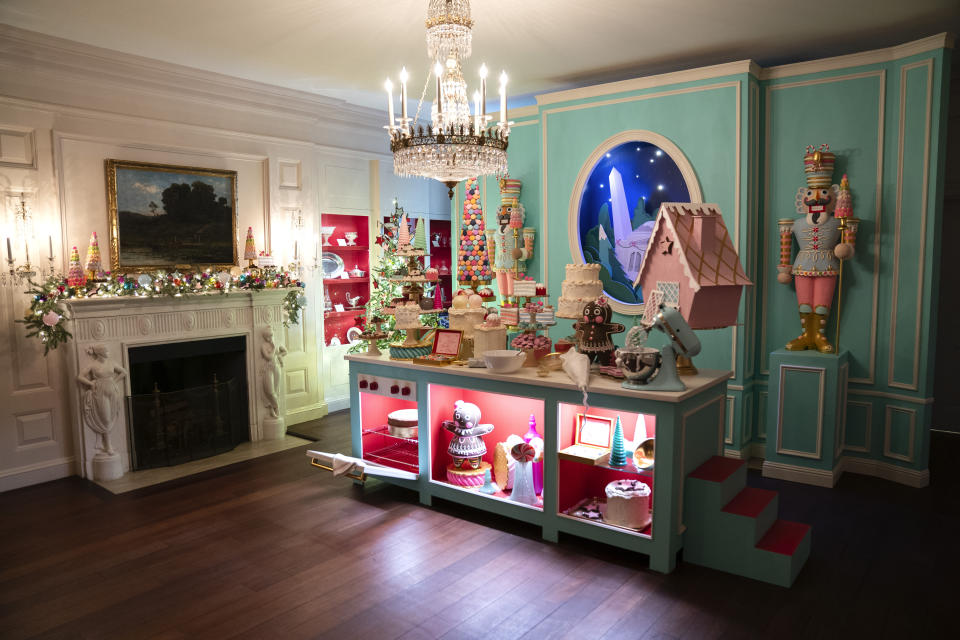 Holiday decorations adorn the China Room of the White House for the 2023 theme "Magic, Wonder, and Joy," Monday, Nov. 27, 2023, in Washington. (AP Photo/Evan Vucci)