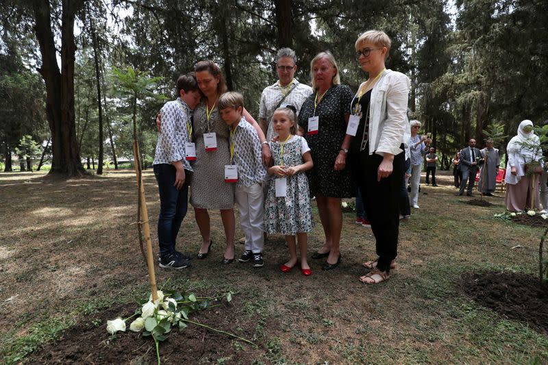 Family members of victims of the Ethiopian Airlines Flight ET302 Boeing 737 Max plane crash, attend a memorial ceremony at the French Embassy in Addis Ababa