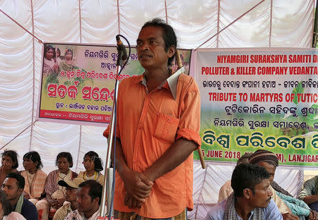 Lado Sikaka, a leader of the Dongria Kondh tribe, addresses a protest rally demanding the ouster of a Vedanta Limited alumina plant in Lanjigarh in the eastern state of Odisha, India, June 5, 2018. Picture taken June 5, 2018. REUTERS/Krishna N. Das